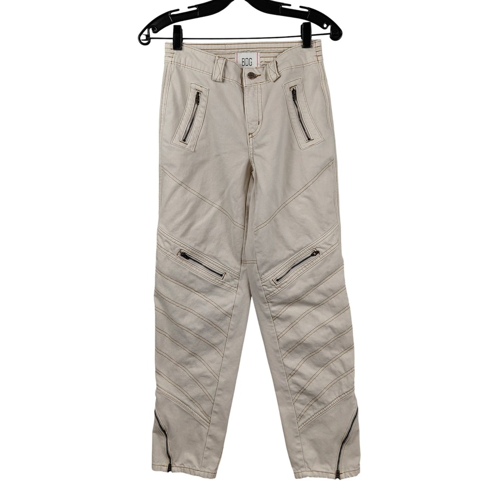 BDG Urban Outfitters Cream Moto Quilted Zipper Utility Pants Womens 25 High Rise